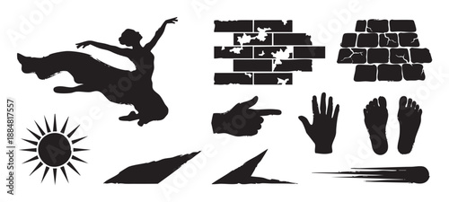 Set of black grunge silhouette elements including a dancing woman, pointing hand, footprints, sun, and brick wall textures for graphic design and artistic projects