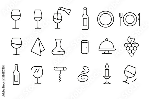 Bar Glassware Icons. Line style icons of Bar Glassware Essentials: red wine glass, stemware, wine pour, wine bottle, coaster, hand