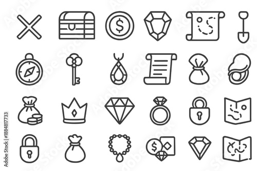 Treasure Hunt Icons. Line style icons of treasure hunting: X Mark, Treasure Chest, Gold Coin, Gem, Map, Compass, Key, Jewel,
