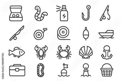 Fishing Gear Icons. Line style icons of angler essentials: Bait, Worm, Attract, Hook, Rod, Reel, Line, Net, Fish, Bucket, Float,