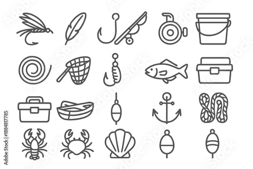 Fly Fishing Icons. Line style icons of fly fishing gear: Fly, Feather, Artificial, Hook, Rod, Reel, Line, Net, Bait, Fish, Bucket,