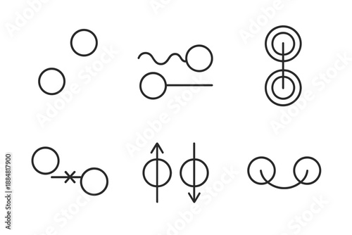 Nonlocal Correlation Icons. Line vector icons of nonlocal correlation: distant particles, connected wave path, phase-aligned ring,