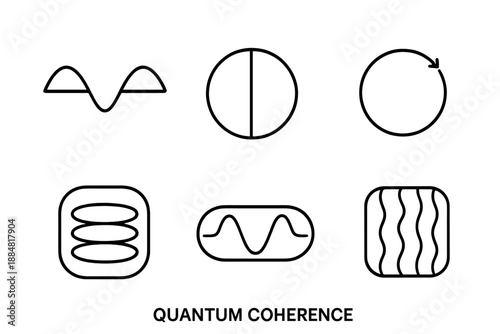 Quantum Coherence Icons. Line vector icons of quantum coherence: coherent wave pair, balanced sphere outline, phase loop, stable