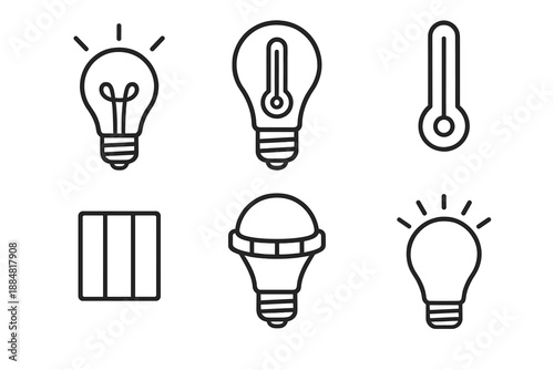 Temperature-Sensitive Lighting Icons. Line vector icons of temperature-aware illumination: bulb body, thermo arc, sensing line,