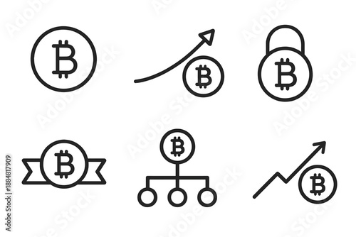 Crypto Yield Icons. Line vector icons of crypto yield generation: coin outline, growth arc, locked loop, reward band, staking node