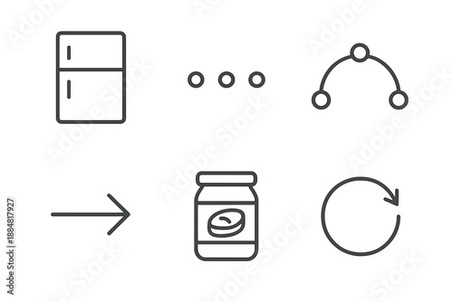 Food Inventory Icons. Line vector icons of connected food inventory: fridge frame, inventory dots, network arc, order arrow,