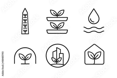 Compact City Agriculture Icons. Line vector icons of compact city agriculture: slim tower, plant trays, water stripe, growth arc,