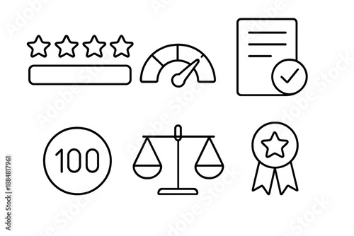 Credibility Scoring Icons. Line vector icons of credibility scoring algorithm: star-rating bar, trust meter gauge, document badge,
