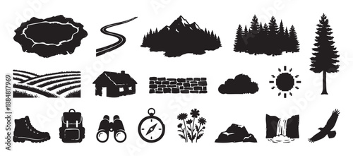 Collection of black silhouette icons for hiking, camping, and outdoor adventure, including a mountain, forest, compass, backpack, boot, waterfall, and eagle in a simple graphic style