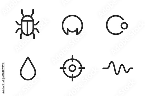 Targeted Nano-Therapy Icons. Line vector icons of targeted nano-therapy: nanobot outline, receptor spot, binding arc, micro-dose
