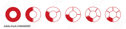 Graph icon pie, pizza shape section charts. Coaching blank template. Set of segments red wheel round divide infographic. Red circles diagram divided 1, 2, 3, 4, 5, 6 equal parts.