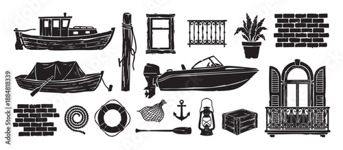 Collection of black and white nautical icons in a rustic linocut style, featuring boats, an anchor, a rope, a lifebuoy, and architectural elements like windows and a balcony