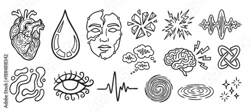 Collection of black hand-drawn doodle icons representing psychology and mental health concepts, including an anatomical heart, brain, fractured face, and pulse line
