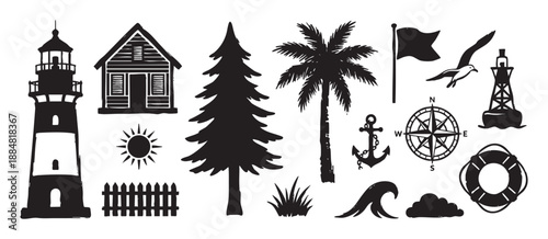 Collection of black nautical and coastal themed icons in a hand-drawn stamp style, featuring a lighthouse, anchor, compass, palm tree, and other travel symbols