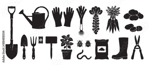 Set of black gardening tool and vegetable silhouettes including a shovel, watering can, gloves, and fresh produce in a rustic, hand-drawn linocut style illustration