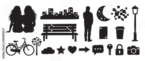 Set of black grunge style silhouettes and icons depicting urban life with people, a cityscape, a park bench, a bicycle, and romantic symbols like a heart, key, and lock