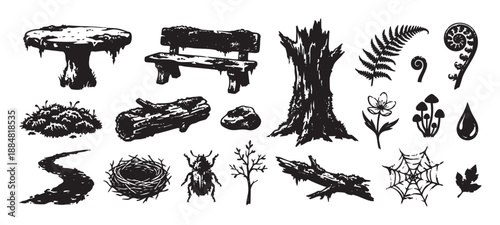 Set of hand-drawn woodland nature elements featuring a mushroom table, log bench, tree stump, fern, and beetle in a black silhouette graphic illustration style