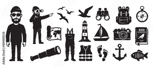 Collection of black birdwatching and nautical icons featuring a man with binoculars, a lighthouse, sailboat, compass, and backpack in a graphic silhouette illustration style