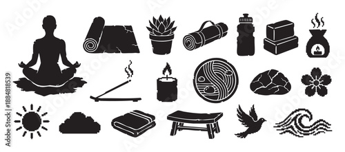 Set of black silhouette wellness icons for yoga, meditation, and spa themes, including a lotus pose, mat, candle, incense, yin-yang, and various pixelated nature symbols