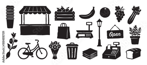 Set of black farmers market icons in a rustic hand drawn style, featuring a stall, fresh fruit, vegetables, flowers, a bicycle, and other local shopping elements
