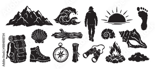 Set of black travel and adventure icons in a hand-drawn linocut style showing a mountain, backpack, compass, campfire, wave, boot, and other outdoor exploration symbols