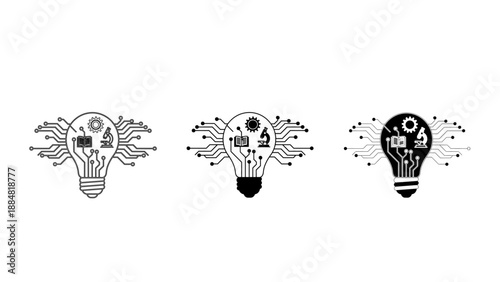 Digital Innovation and Science Education Icon Set Featuring Light Bulb with Circuit Board, Microscope, Gear, and Book for Technology, STEM, and Creative Research Concepts