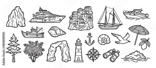 Hand-drawn black and white nautical icon collection with a yacht, sailboat, lighthouse, anchor, seashell, and coastal village, representing sea travel, adventure, and summer vacation