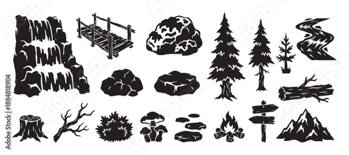 Collection of black forest and camping icons including a waterfall, trees, mountains, and a campfire in a hand-drawn woodcut vector style for nature and adventure themes