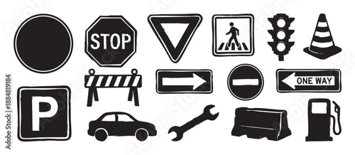Collection of hand-drawn traffic and road safety icons including a stop sign, car, and gas pump in a black grunge stamp style illustration for transportation concepts