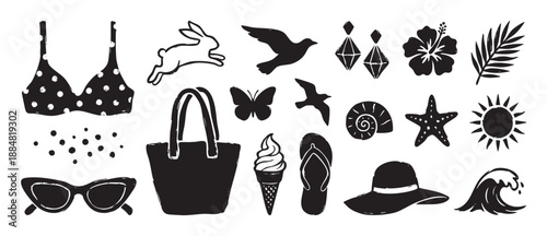 Set of black hand-drawn summer vacation icons including a bikini, sunglasses, beach bag, ice cream, and sun, illustrated in a simple grunge stamp or linocut style