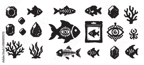 Collection of black grunge vector icons with a mix of pixel art and hand-drawn styles, featuring fish, skeletons, gems, and esoteric eye symbols