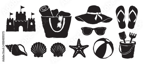 Black and white collection of summer beach vacation icons in a rustic stamped silhouette style, including a sandcastle, tote bag, sun hat, sunglasses, and seashells