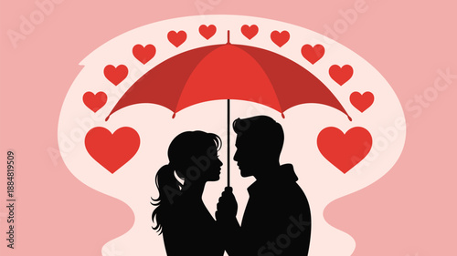 Couple in love sharing a romantic moment under red umbrella with floating hearts on pink background .silhouette vector design