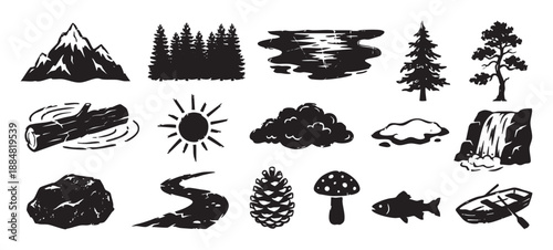 Set of black nature and camping icons in a distressed stamp or woodcut illustration style, including a mountain, forest, waterfall, river, pinecone, mushroom, fish, and boat