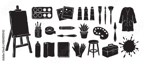 Collection of black artist tools and supplies in a hand-drawn linocut style, including an easel, brushes, paint tubes, palette, and sketchbook for creative projects