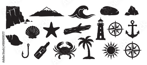 Collection of black nautical themed icons and symbols including a lighthouse, anchor, crab, and palm tree in a rough, stamped vector style illustration