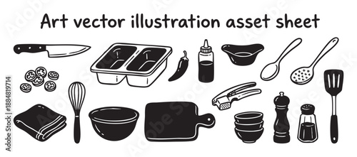 Hand-drawn kitchen utensils and cooking equipment icons in a black and white vector illustration set, featuring a knife, bowl, whisk, spatula, and various culinary tools for food preparation