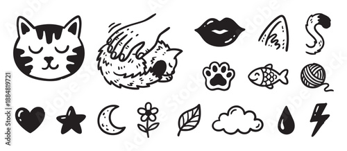 Set of black hand-drawn doodle icons featuring a cute cat, paw print, fish, yarn, heart, star, and moon in a charming, minimalist, and monochrome cartoon style