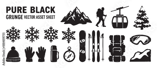 Collection of black hand-drawn winter sport icons with a grunge texture, featuring a mountain, hiker, cable car, snowboard, skis, goggles, and snowflake illustrations