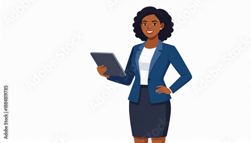 Professional african american woman holding a tablet business attire and positive expression