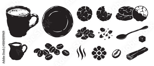 Black and white coffee icon set with a mug, beans, cookies, spoon, and creamer in a rustic, hand-drawn, grunge silhouette style for cafe menus or branding