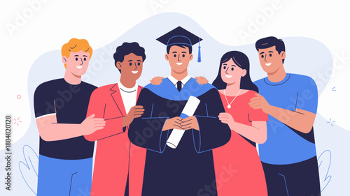 graduate celebrating with proud family and friends vector illustration