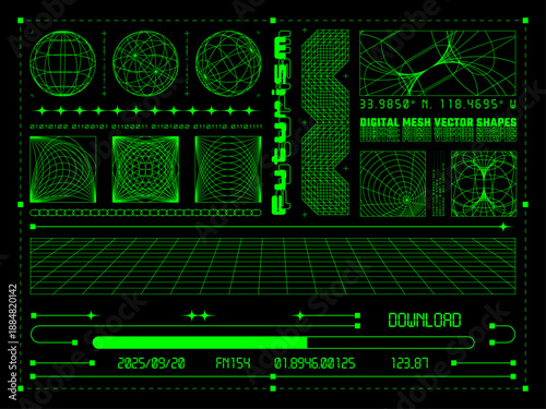 Retro Techno Futurism Cyberpunk Y2K Vector Shapes Set, Neon Digital Mesh Wireframe Elements, Abstract Sci-Fi HUD Geometry, Tech Interface Design Assets for Graphic Designers