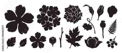 Collection of black floral and botanical silhouettes featuring various flowers, leaves, berries, and a poppy seed head in a graphic, hand-printed illustration style