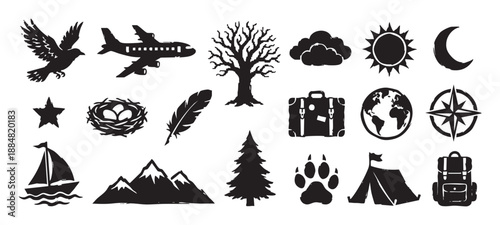 Collection of black travel and nature icons with a grunge texture, including an airplane, tent, backpack, mountains, and compass for adventure and exploration concepts