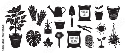 Gardening tools and houseplant equipment icon set with hand-drawn black silhouette illustrations of a watering can, trowel, gloves, pots, soil, and various plants