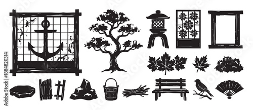 Collection of black grunge style icons featuring an anchor, tree, lantern, fan, and other nature and garden elements in a distressed woodcut illustration set
