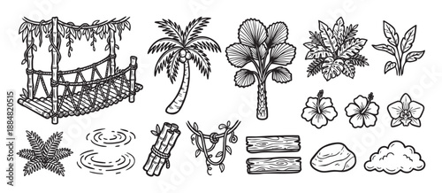 Hand-drawn black and white jungle illustrations featuring a bamboo bridge, coconut palm, hibiscus, orchid, and other tropical nature elements in a simple, clean sketch style