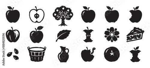 Set of black apple-related icons with a rustic, hand-stamped texture, featuring the fruit, tree, blossom, core, seeds, pie slice, basket, and a jug for cider or juice