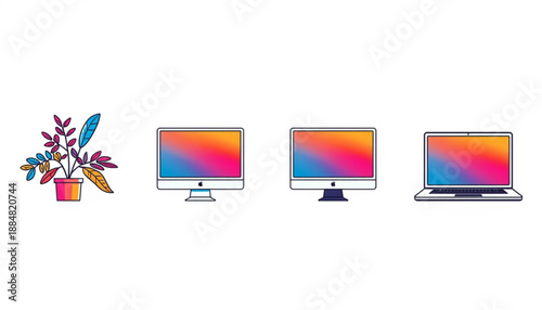 Cloud icon, wifi, and sync three colorful computer monitors and a laptop with a plant beside them on a with vibrant screens